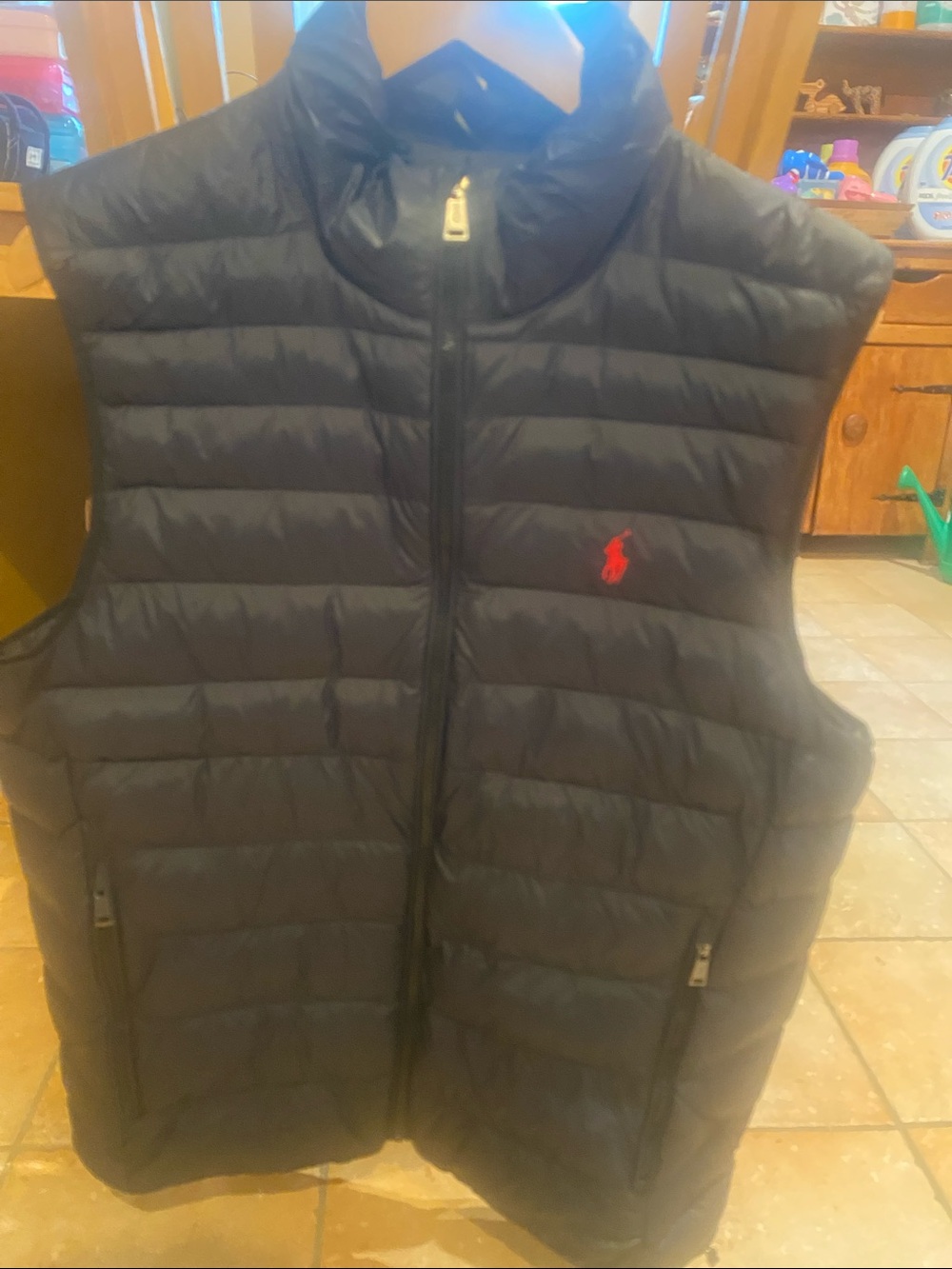 Ralph Lauren Black Quilted Puffer Vest with Red Polo Logo